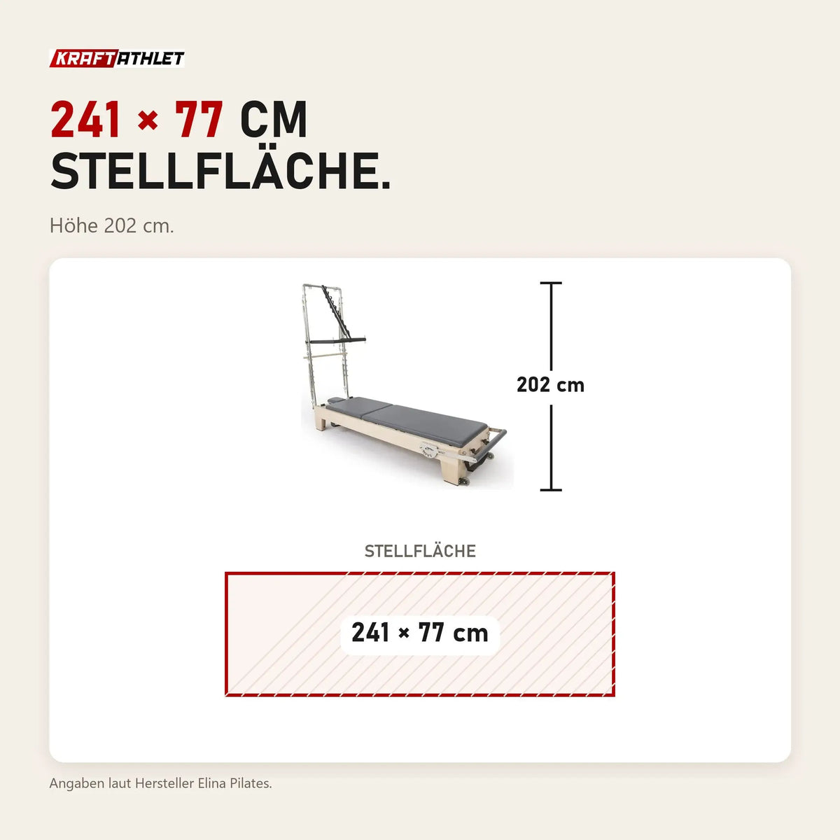 Maßbild Elina Pilates Elite Reformer mit Tower aus Ahornholz: Stellfläche 241 × 77 cm, Höhe 202 cm