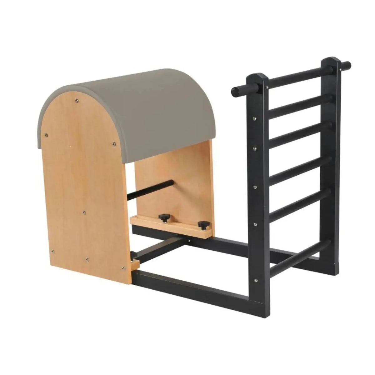 Elina Pilates Ladder Barrel mit Stahlbasis in Schrägansicht, Bezug in Mokka mit schwarzer Stahlleiter