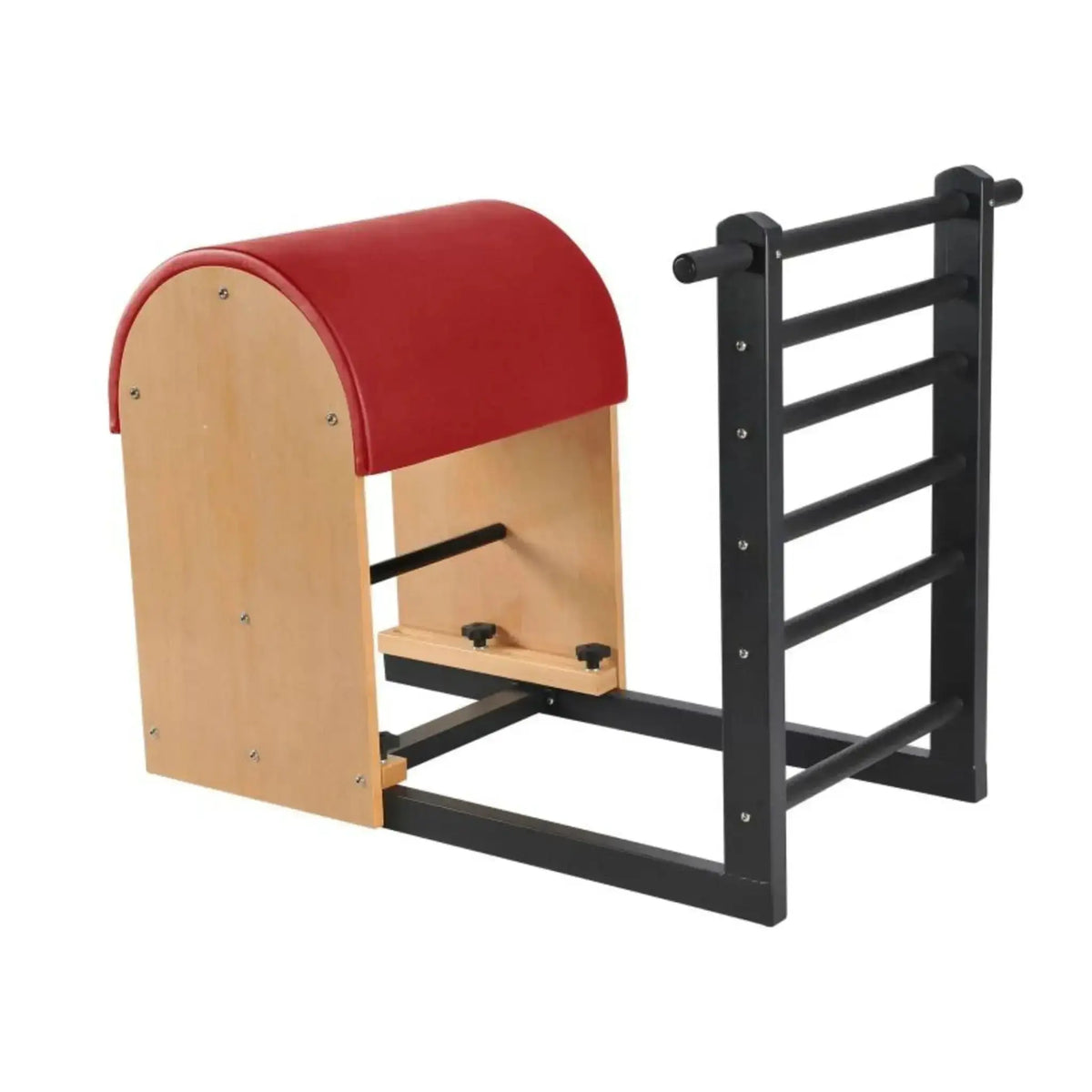 Elina Pilates Ladder Barrel mit Stahlbasis in Schrägansicht, Bezug in Rot mit schwarzer Stahlleiter