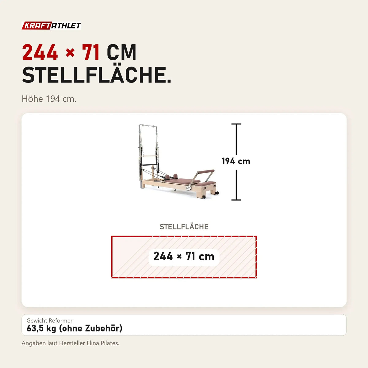 Maßbild Elina Pilates Lignum Reformer mit Tower aus Holz: Stellfläche 244 × 71 cm, Höhe 194 cm