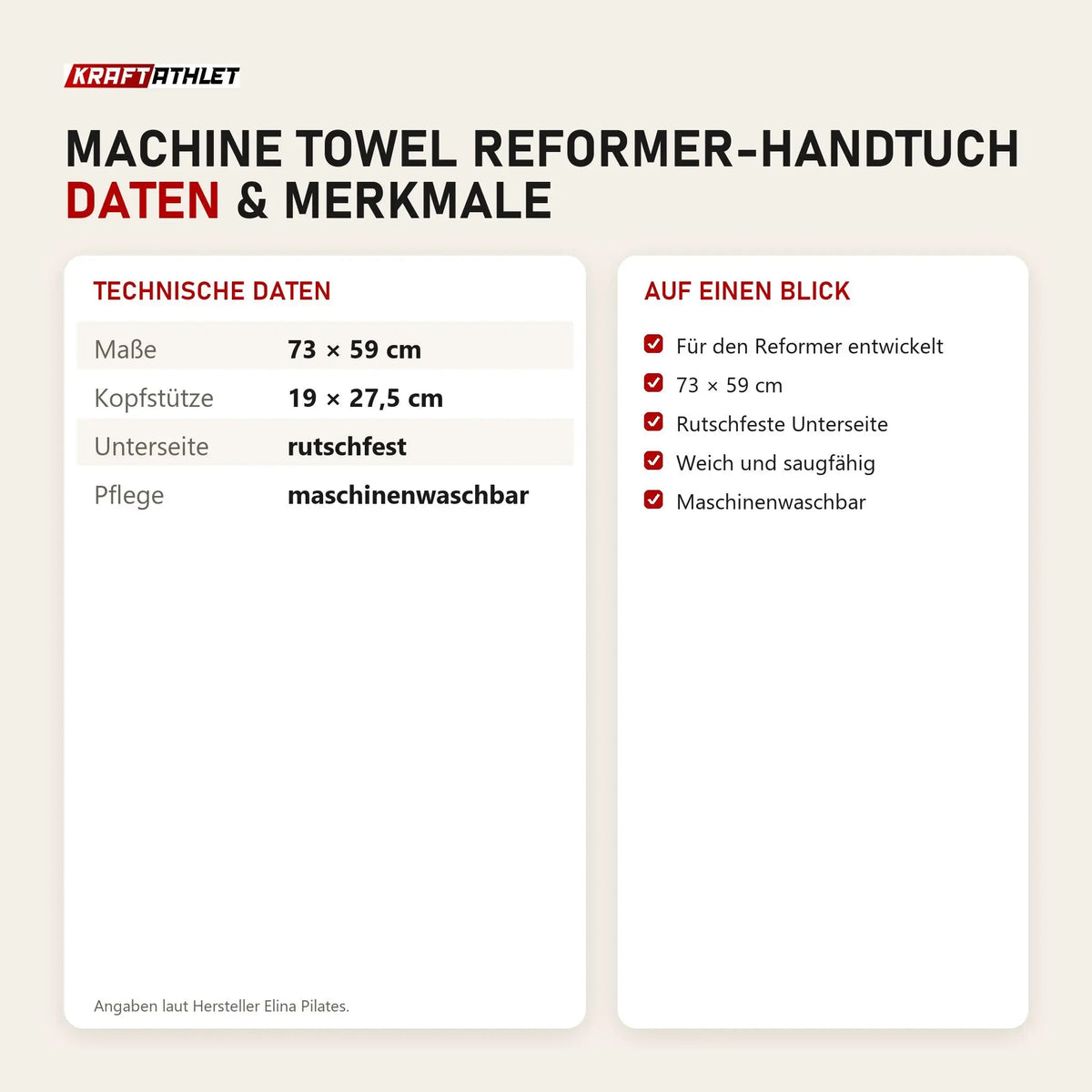 Technische Daten und Merkmale von Elina Pilates Machine Towel Reformer-Handtuch als Tabelle