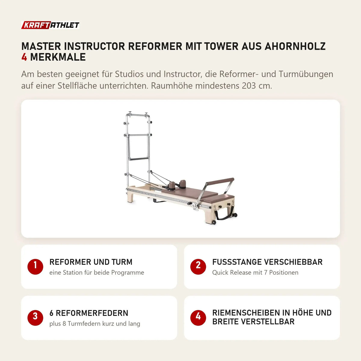 Elina Pilates Master Instructor Reformer mit Tower aus Ahornholz mit 4 Merkmalen: Reformer und Turm, Fußstange verschiebbar, 6 Reformerfedern, Riemenscheiben in Höhe und Breite verstellbar