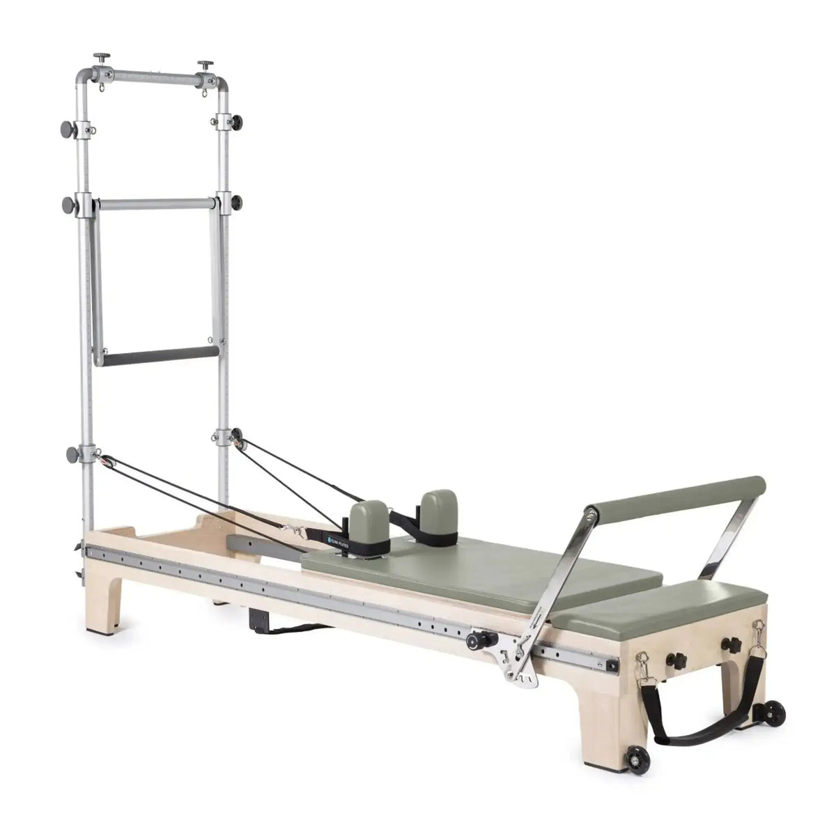 Elina Pilates Master Instructor Reformer mit Tower aus Ahornholz, Polster in Iceberg-Grün, Seitenansicht