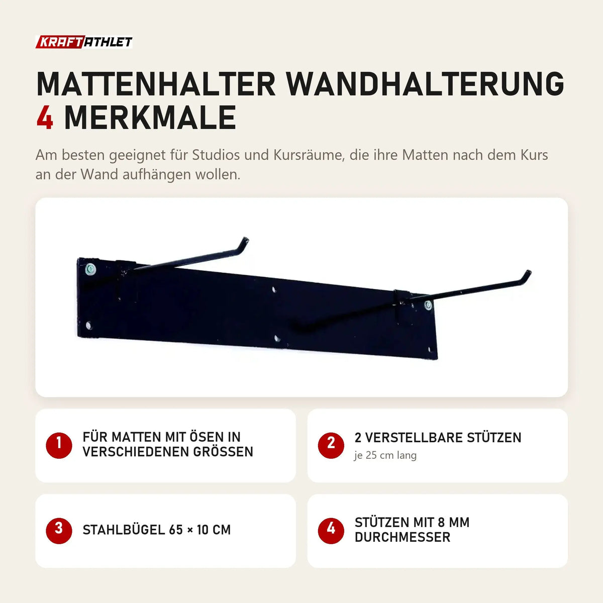 Elina Pilates Mattenhalter Wandhalterung mit 4 Merkmalen: Für Matten mit Ösen in verschiedenen Größen, 2 verstellbare Stützen, Stahlbügel 65 × 10 cm, Stützen mit 8 mm Durchmesser