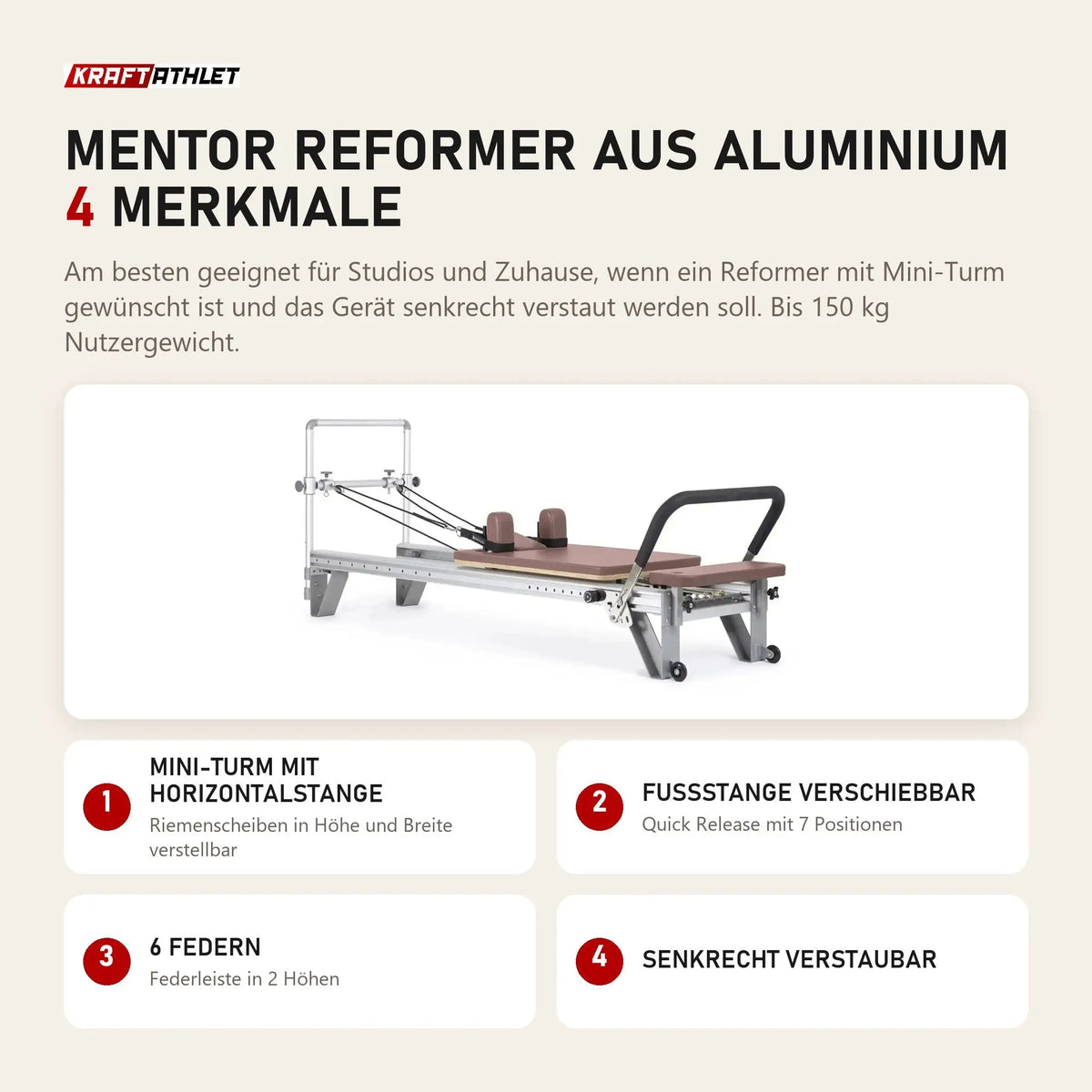 Elina Pilates Mentor Reformer aus Aluminium mit 4 Merkmalen: Mini-Turm mit Horizontalstange, Fußstange verschiebbar, 6 Federn, Senkrecht verstaubar