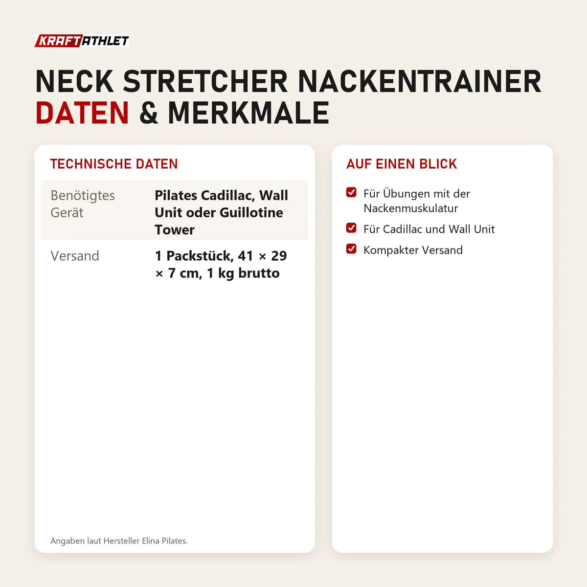 Technische Daten und Merkmale von Elina Pilates Neck Stretcher Nackentrainer als Tabelle