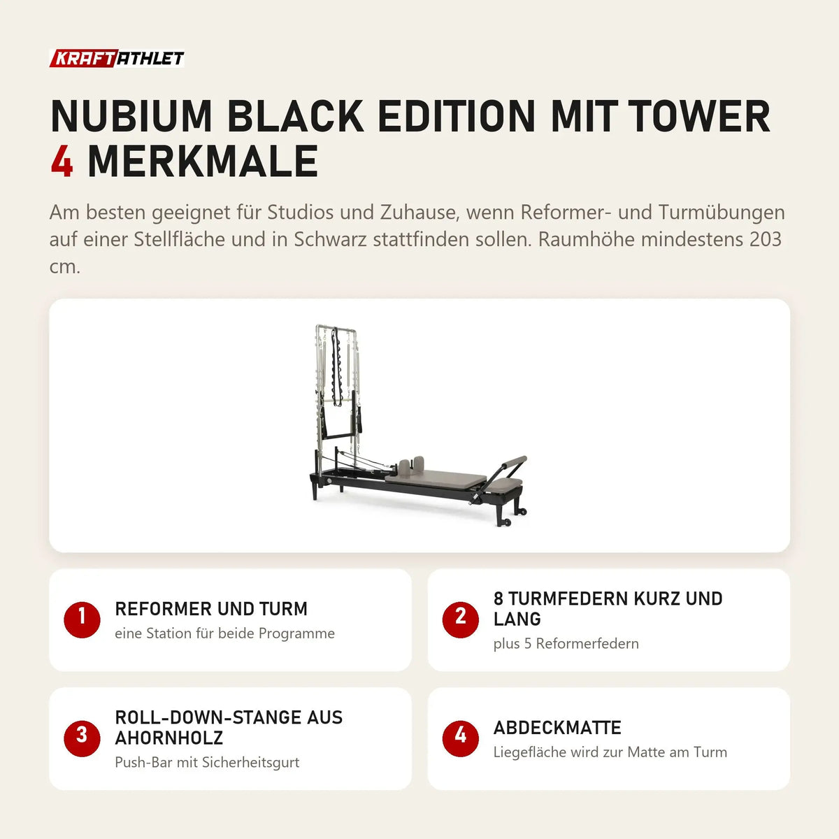 Elina Pilates Nubium Black Edition mit Tower mit 4 Merkmalen: Reformer und Turm, 8 Turmfedern kurz und lang, Roll-Down-Stange aus Ahornholz, Abdeckmatte