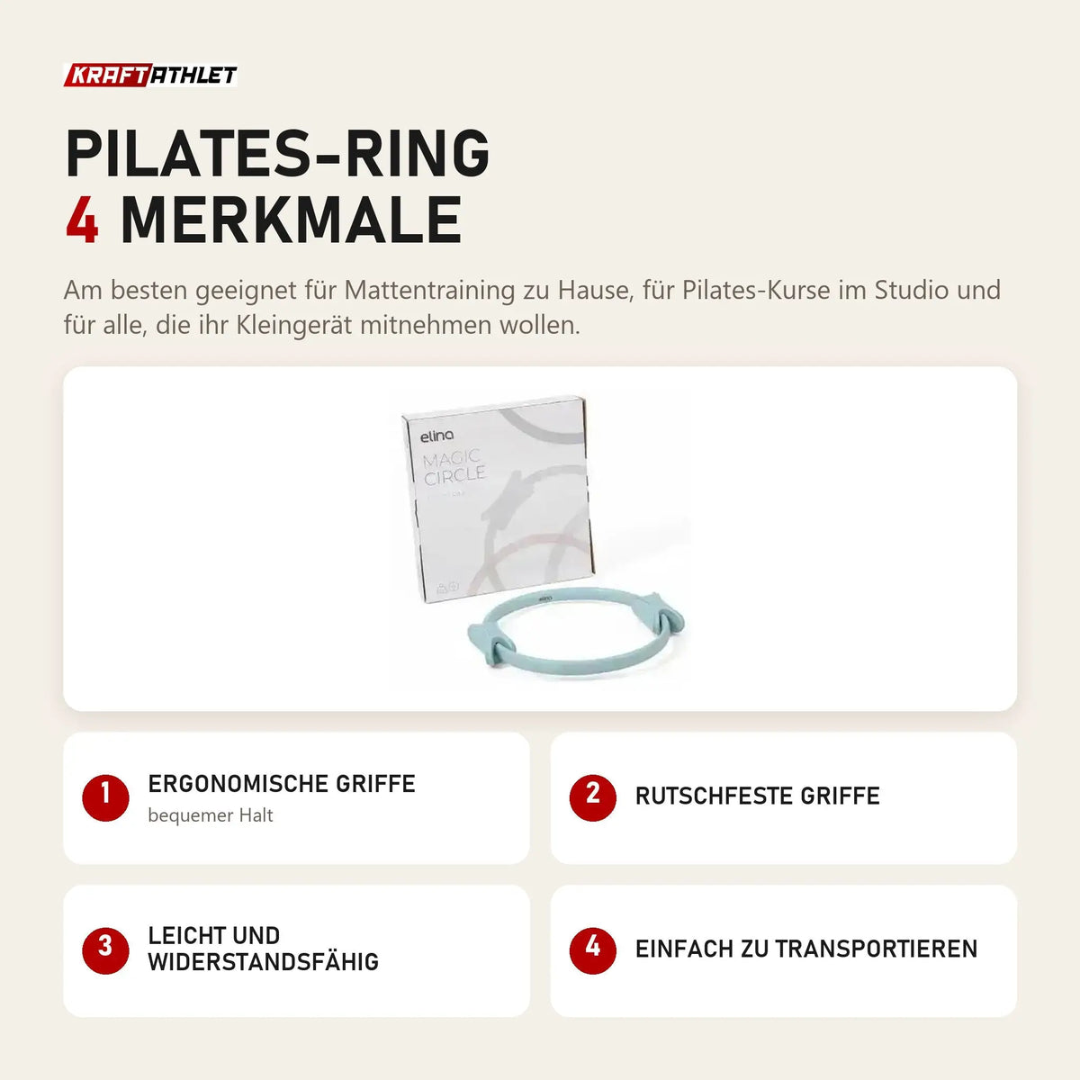 Elina Pilates Pilates-Ring mit 4 Merkmalen: Ergonomische Griffe, Rutschfeste Griffe, Leicht und widerstandsfähig, Einfach zu transportieren