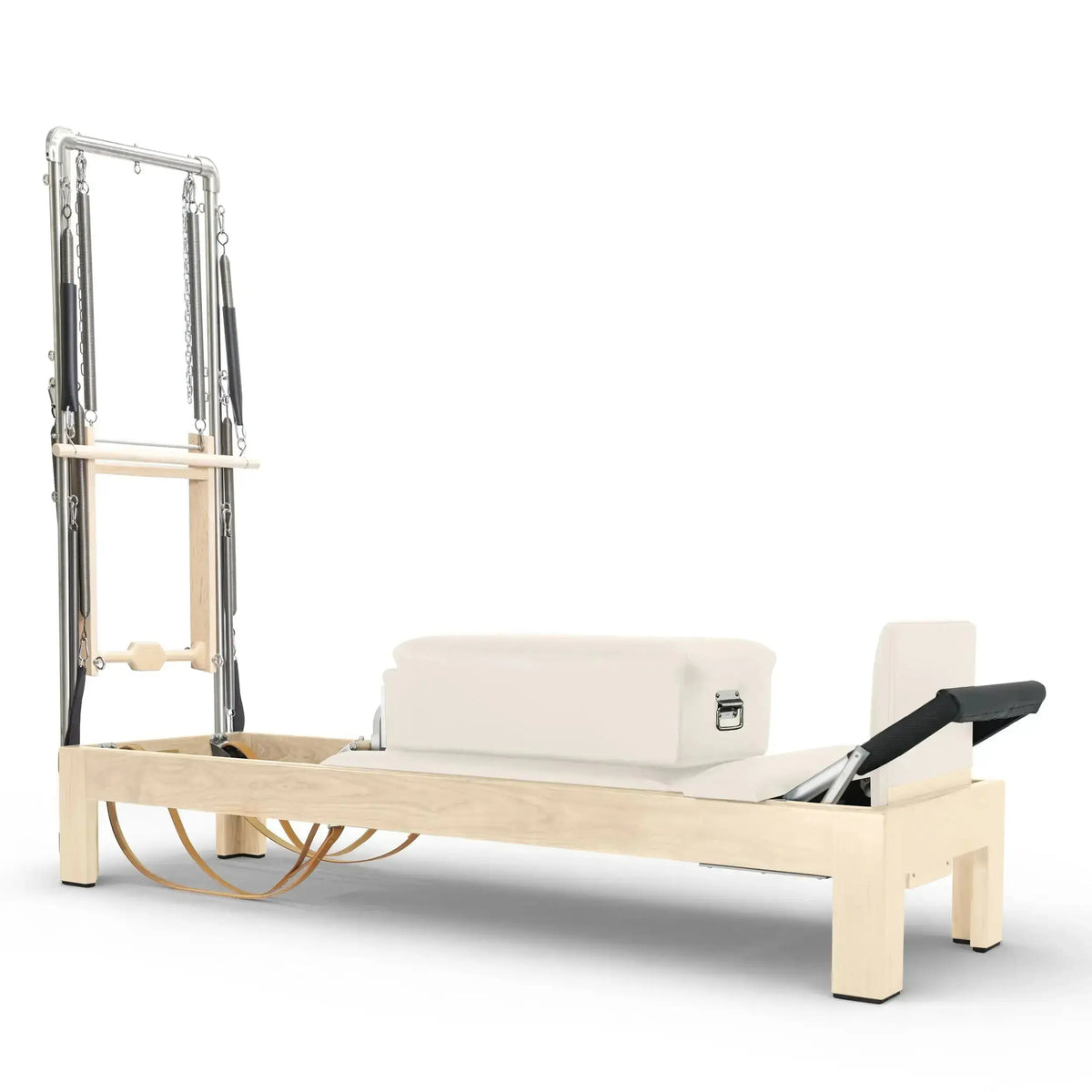 Elina Pilates Reformer Klassisch Naturholz mit Tower, Seitenansicht mit Polstern in Elfenbein