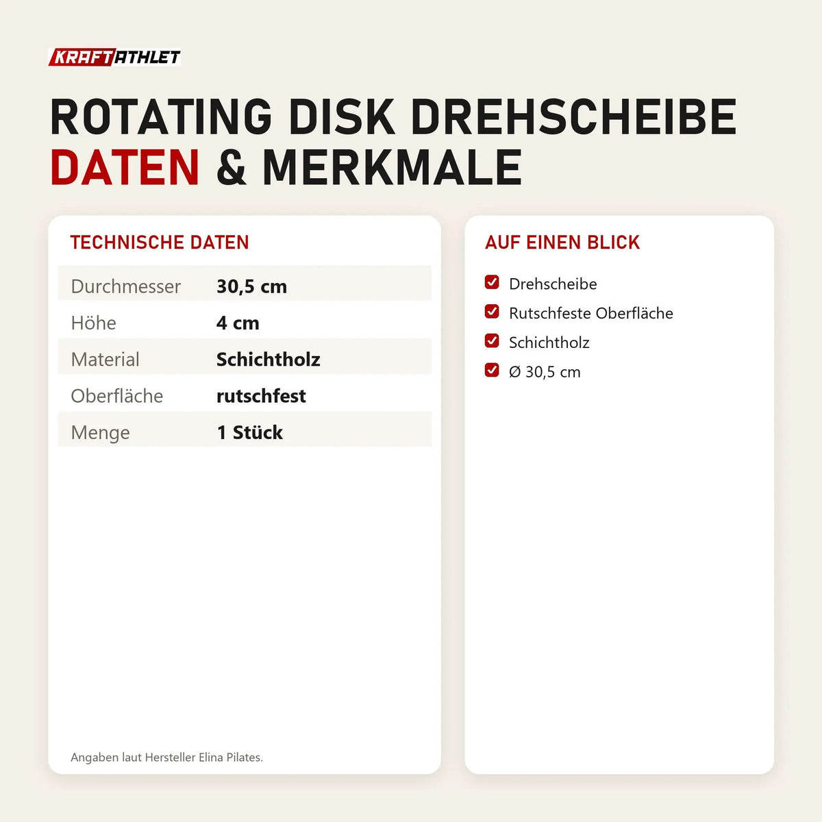 Technische Daten und Merkmale von Elina Pilates Rotating Disk Drehscheibe als Tabelle