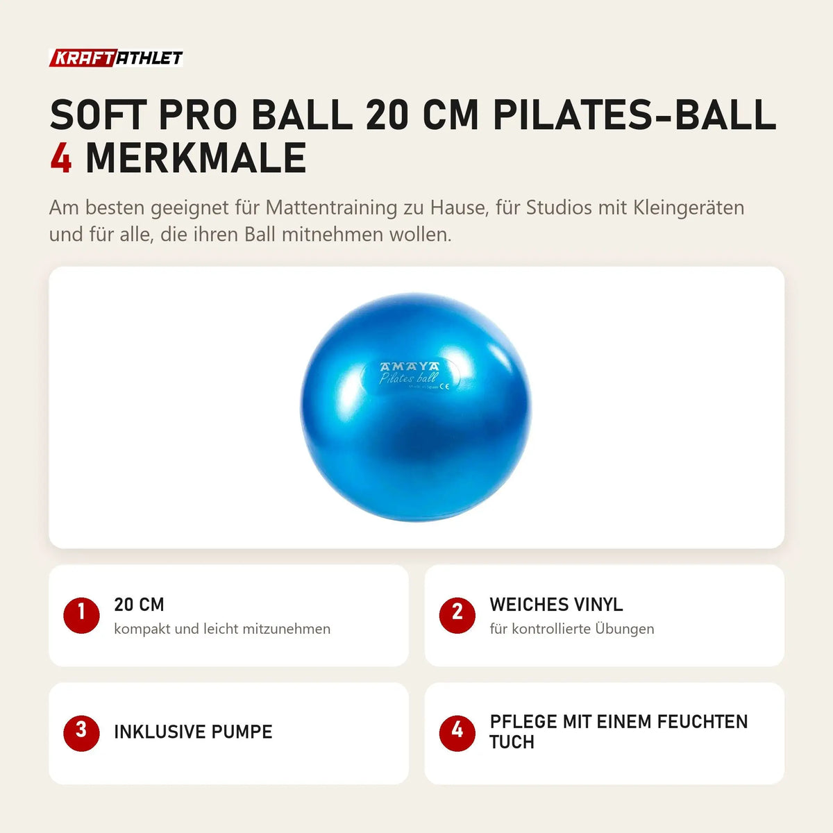 Elina Pilates Soft Pro Ball 20 cm Pilates-Ball mit 4 Merkmalen: 20 cm, Weiches Vinyl, Inklusive Pumpe, Pflege mit einem feuchten Tuch