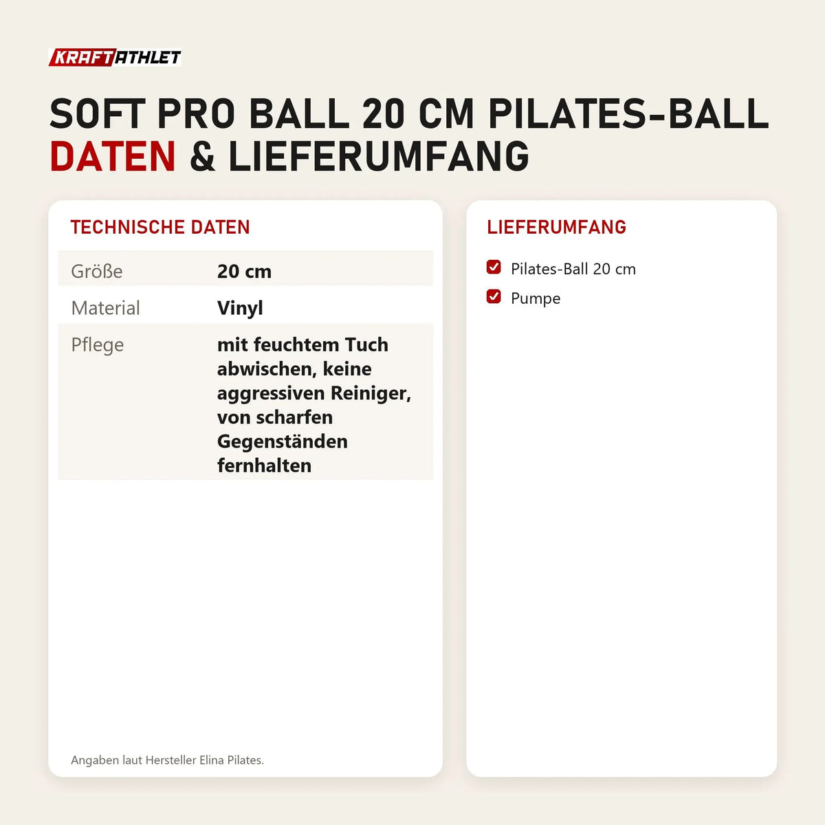 Technische Daten und Lieferumfang von Elina Pilates Soft Pro Ball 20 cm Pilates-Ball als Tabelle