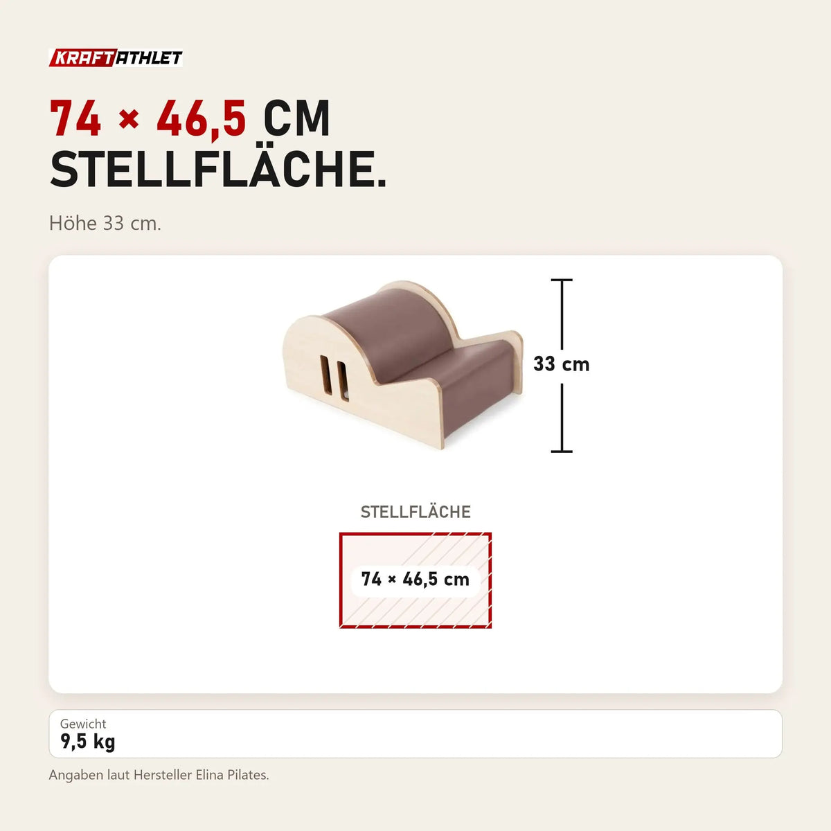Maßbild Elina Pilates Spine Corrector Elite: Stellfläche 74 × 46,5 cm, Höhe 33 cm