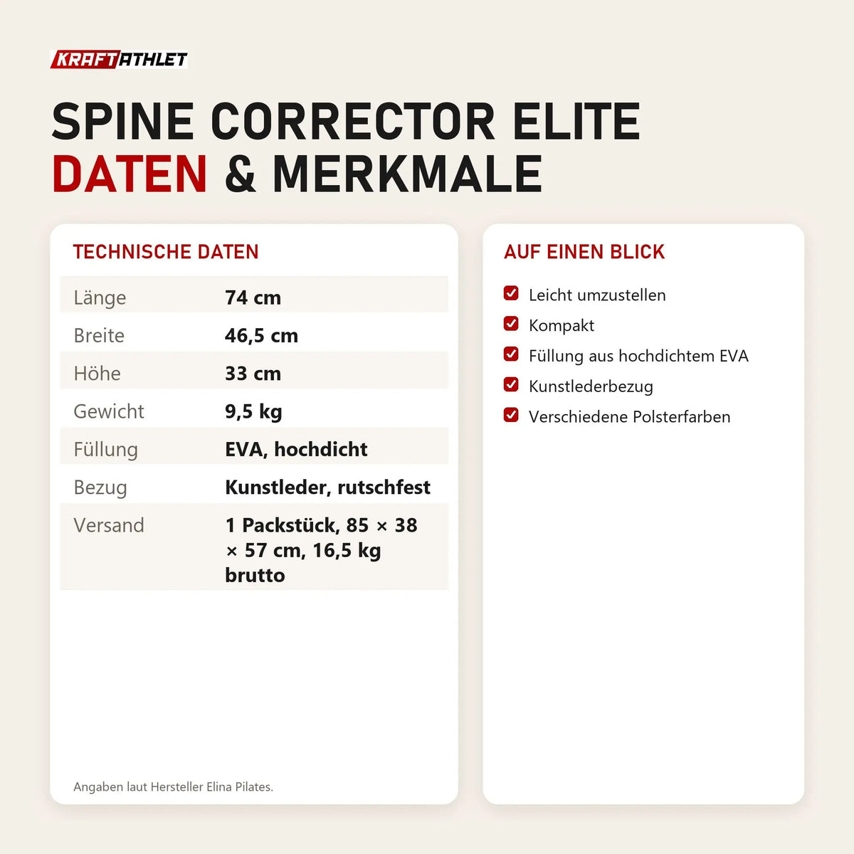 Technische Daten und Merkmale von Elina Pilates Spine Corrector Elite als Tabelle