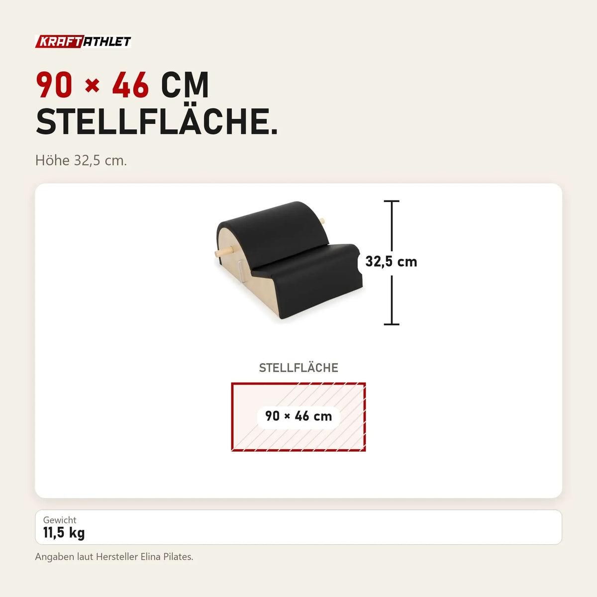 Maßbild Elina Pilates Spine Corrector: Stellfläche 90 × 46 cm, Höhe 32,5 cm