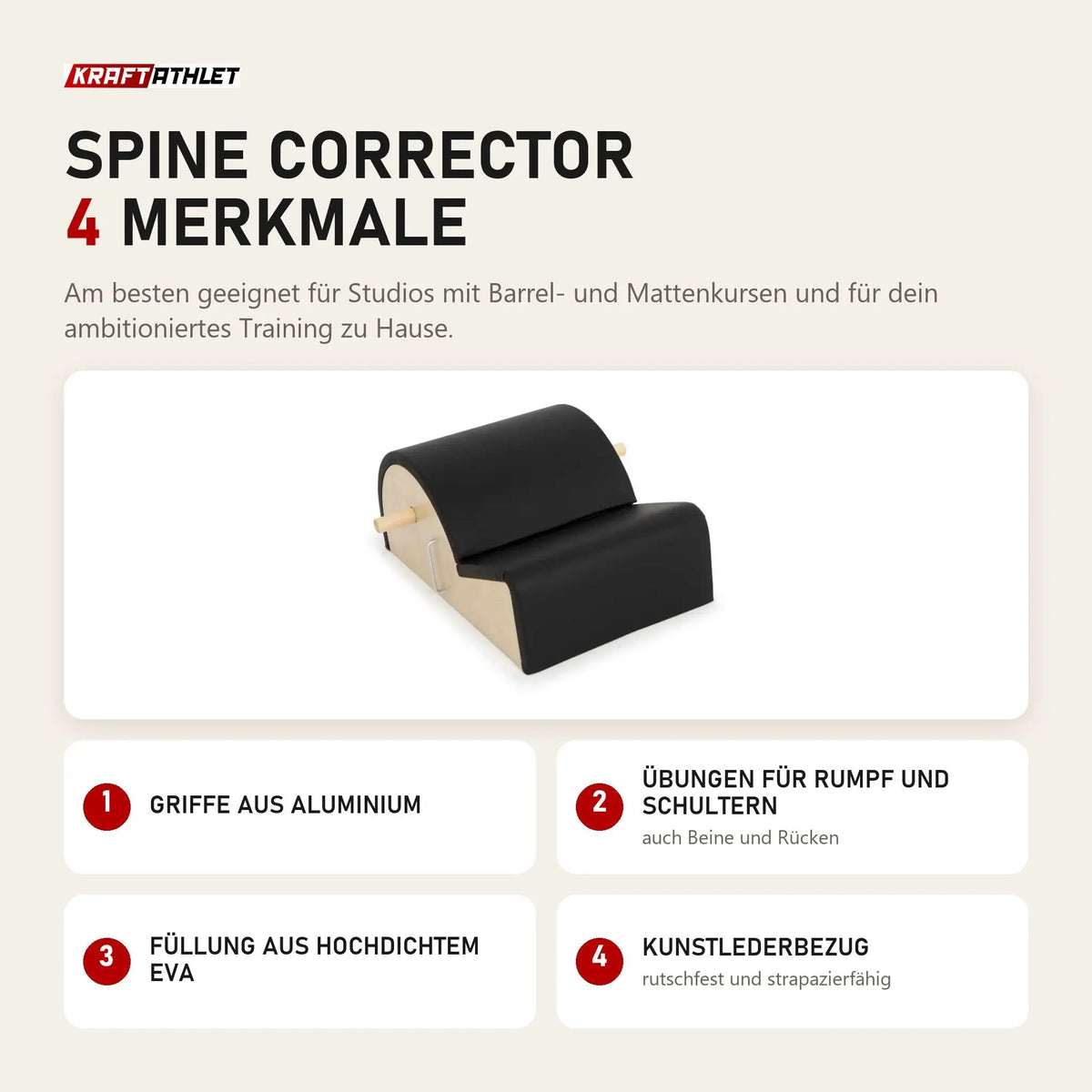 Elina Pilates Spine Corrector mit 4 Merkmalen: Griffe aus Aluminium, Übungen für Rumpf und Schultern, Füllung aus hochdichtem EVA, Kunstlederbezug