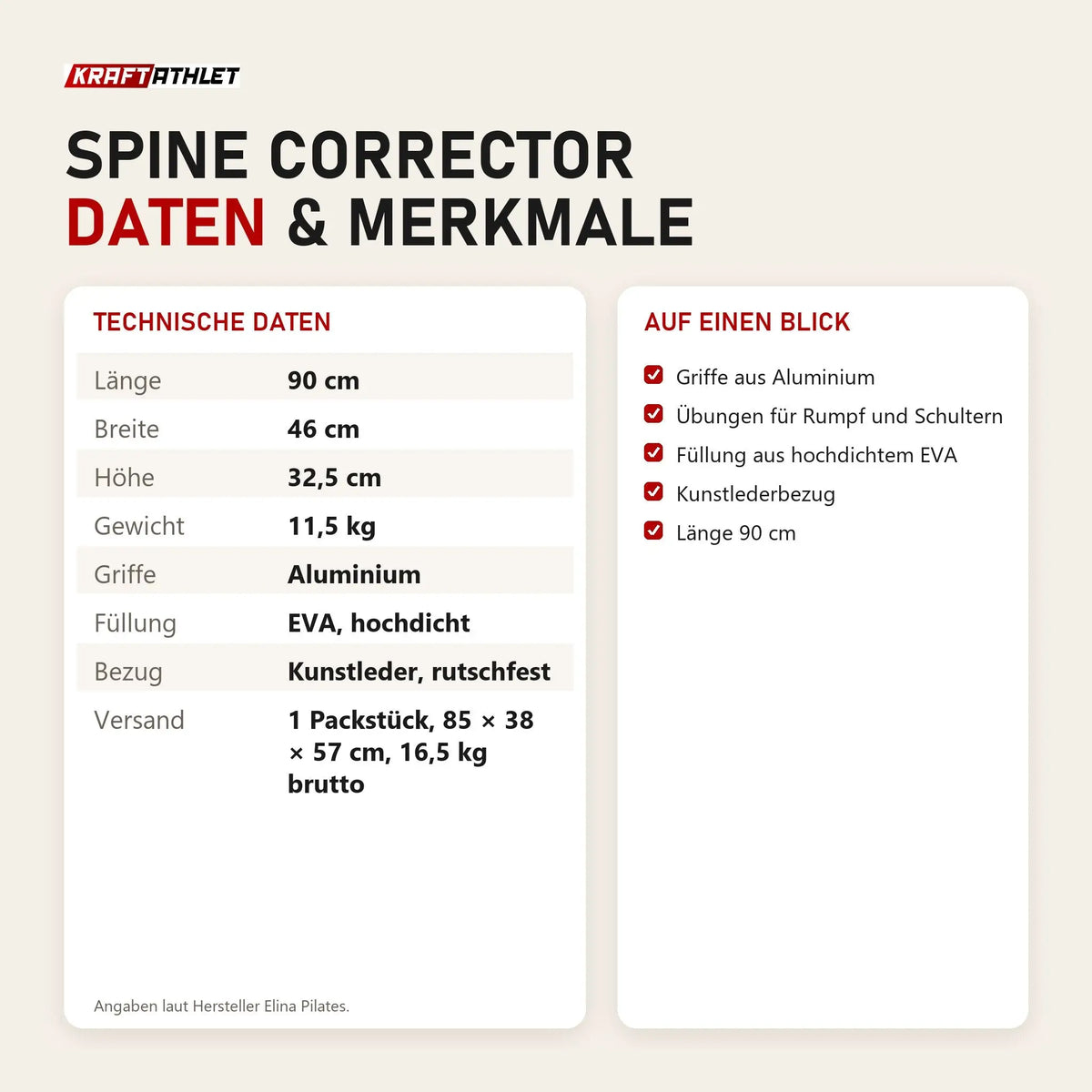 Technische Daten und Merkmale von Elina Pilates Spine Corrector als Tabelle