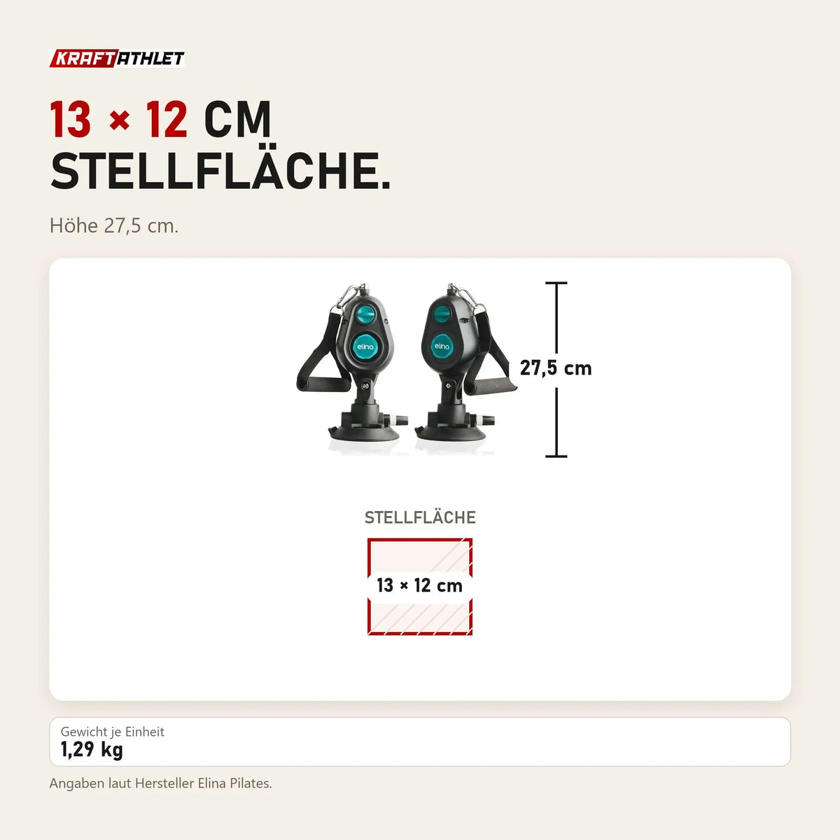 Maßbild Elina Pilates Training Cord Widerstandstrainer: Stellfläche 13 × 12 cm, Höhe 27,5 cm