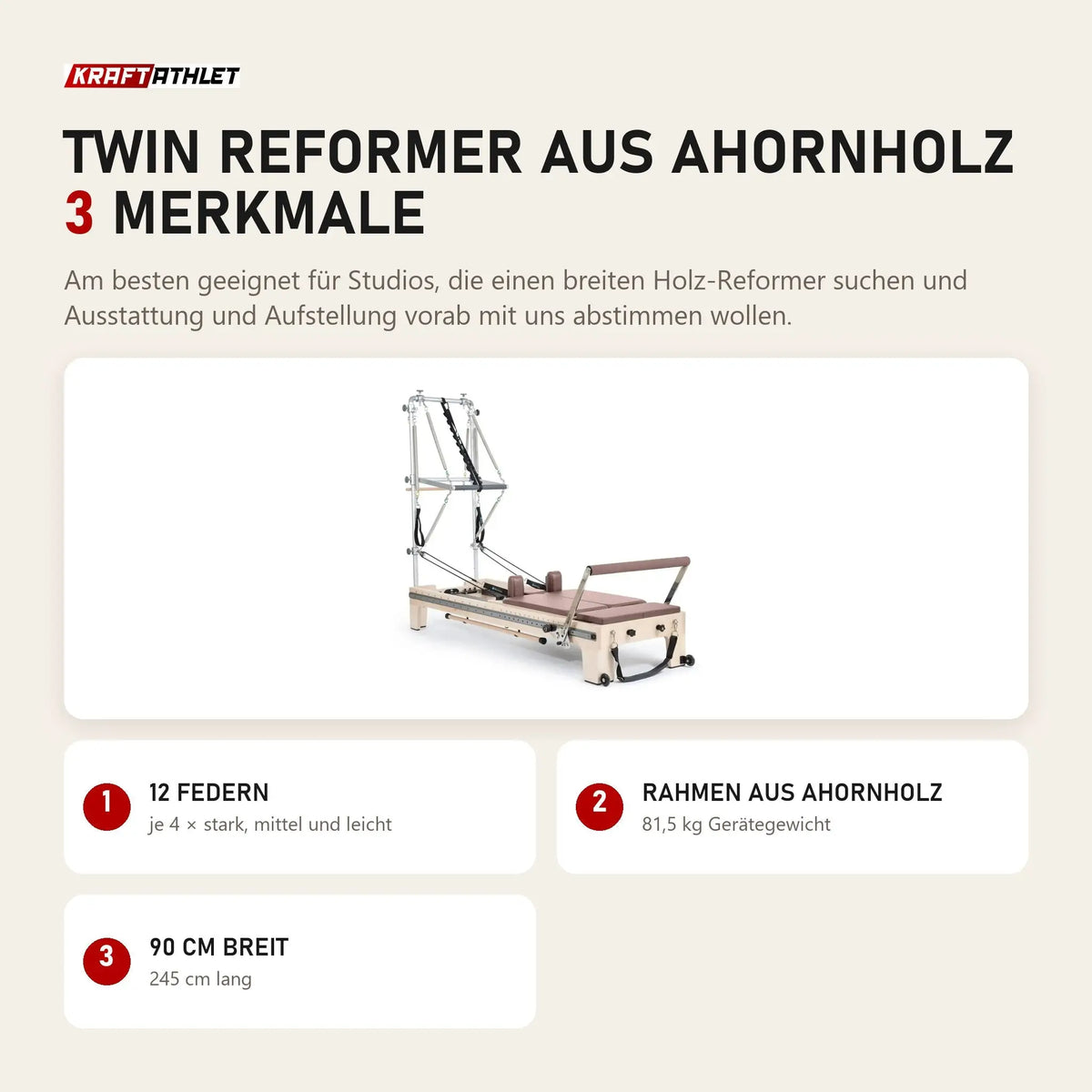 Elina Pilates Twin Reformer aus Ahornholz mit 3 Merkmalen: 12 Federn, Rahmen aus Ahornholz, 90 cm breit