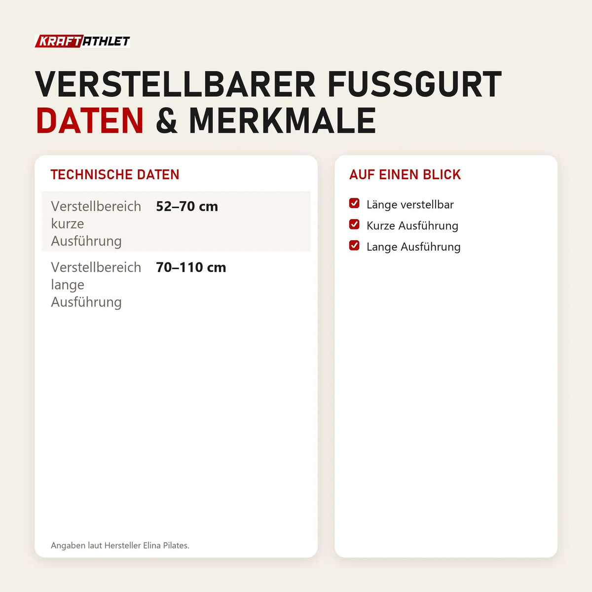Technische Daten und Merkmale von Elina Pilates verstellbarer Fußgurt als Tabelle