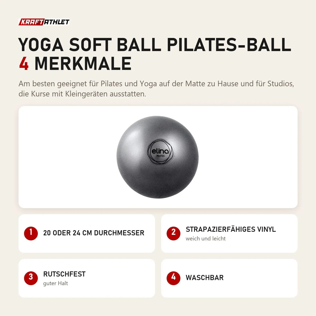 Elina Pilates Yoga Soft Ball Pilates-Ball mit 4 Merkmalen: 20 oder 24 cm Durchmesser, Strapazierfähiges Vinyl, Rutschfest, Waschbar