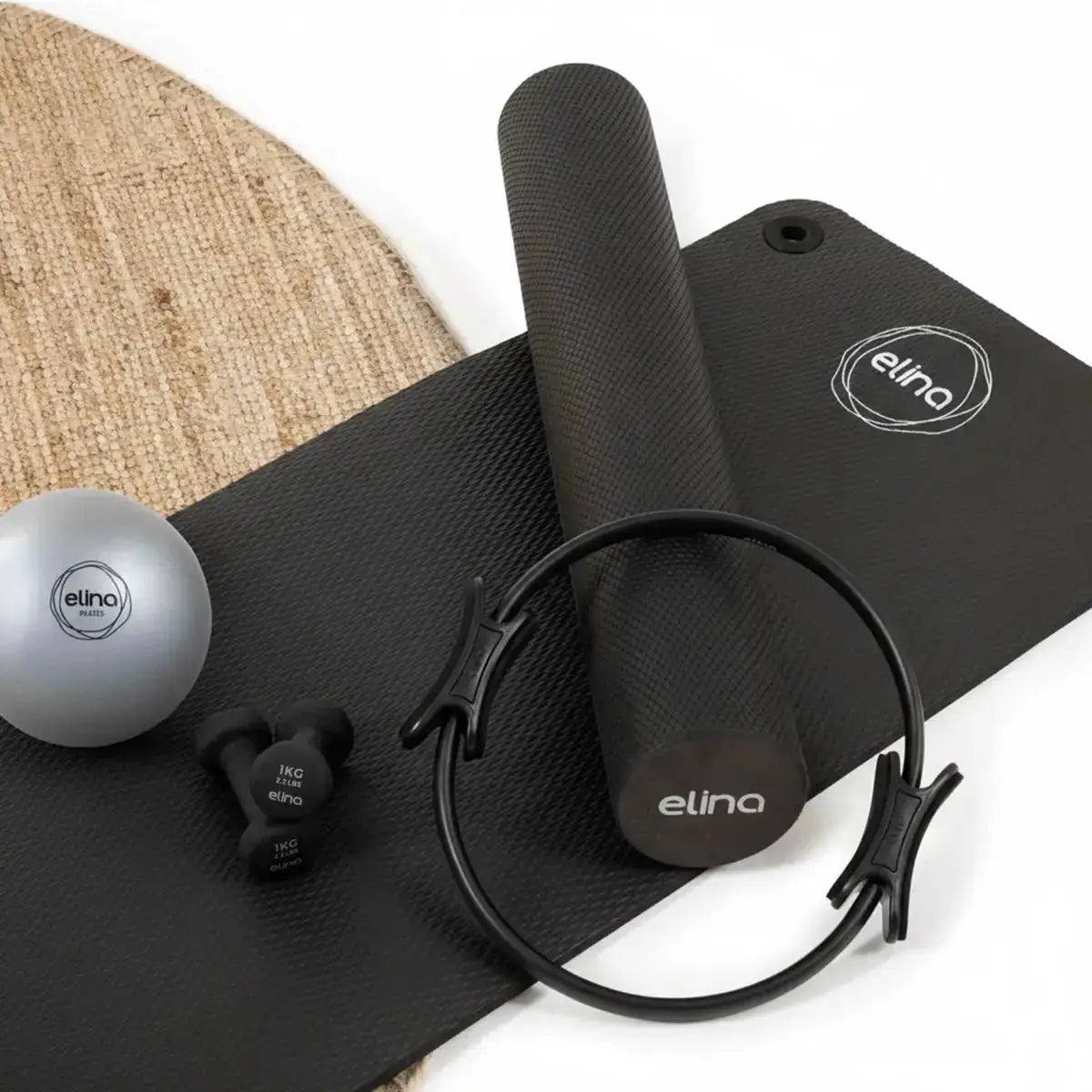 Elina Pilates Zubehörset Pilates-Set, Set in Schwarz mit Matte, Ring, Rolle, Ball und Gewichten
