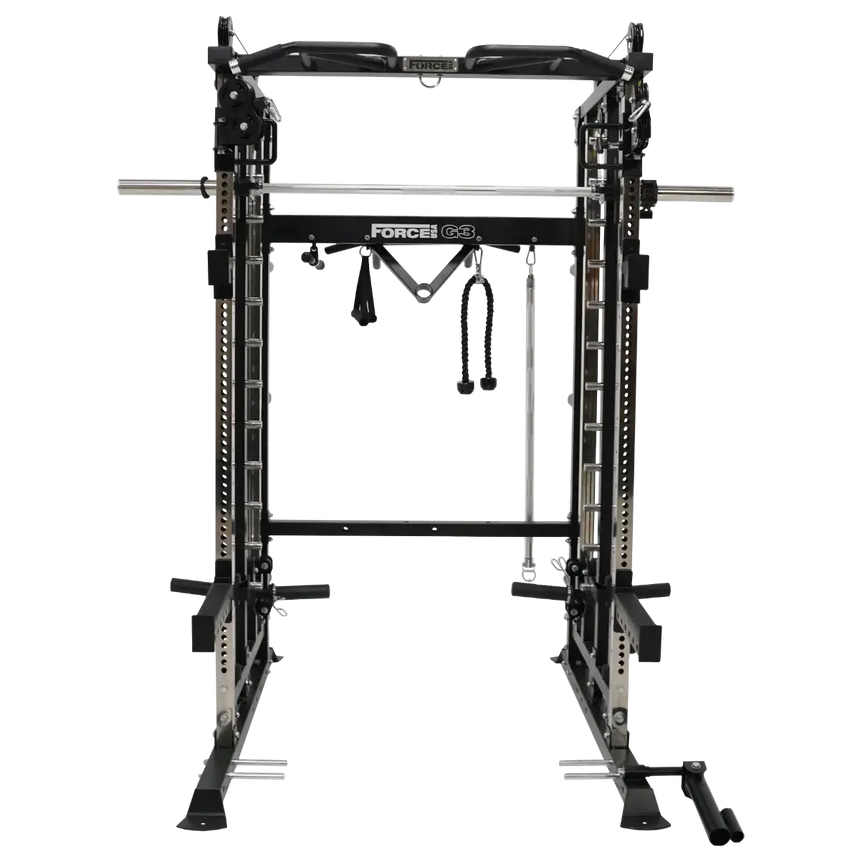 Force USA G3 V2 All-In-One Trainer featuring power rack, Smith machine, and cable system.