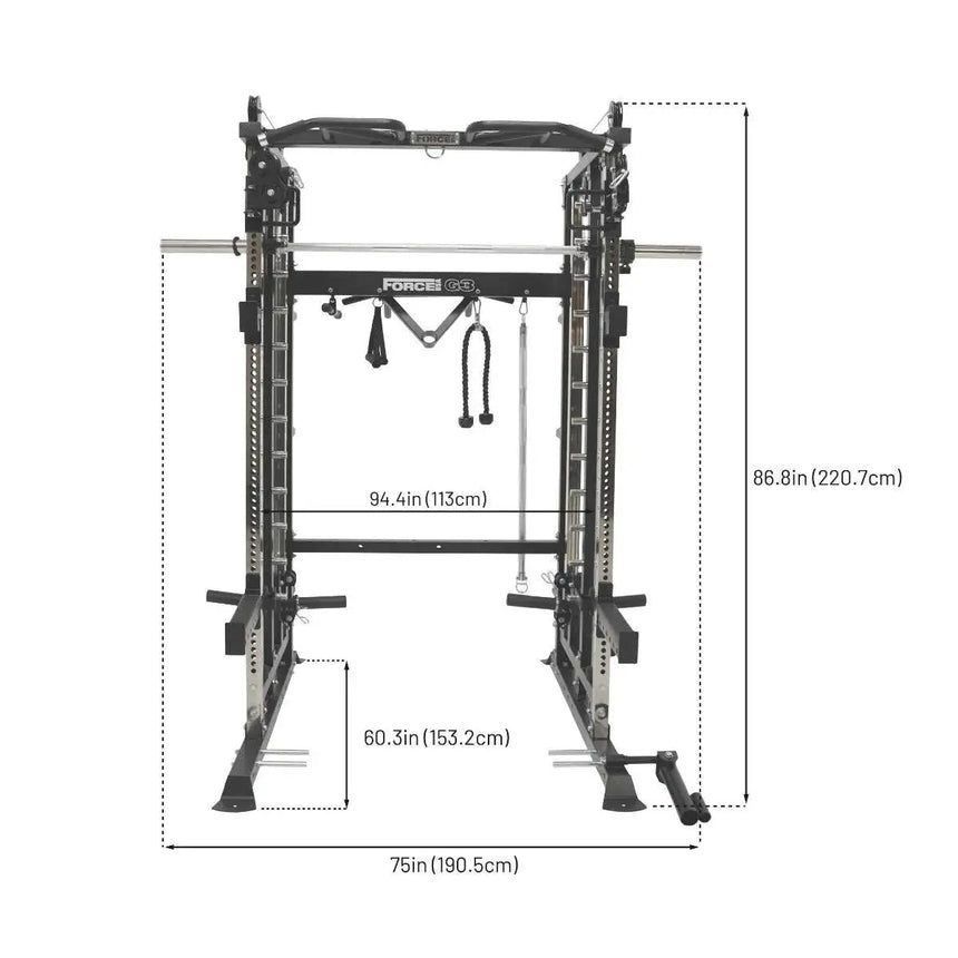 Force USA G3 V2 All-In-One Trainer featuring power rack, Smith machine, and cable system.