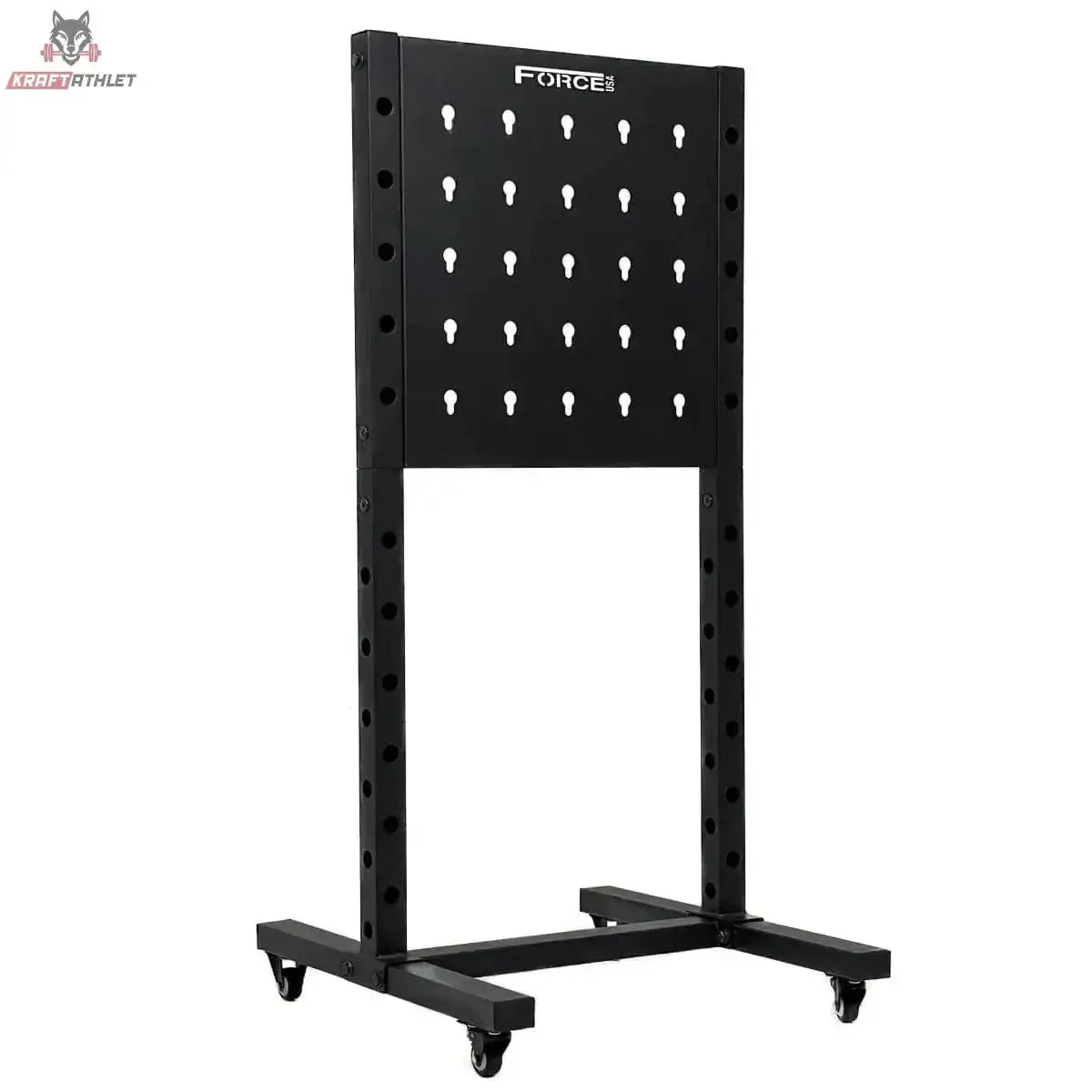 Force USA Base Storage Rack in Schrägansicht mit Lochplatte und Standfuß auf Rollen