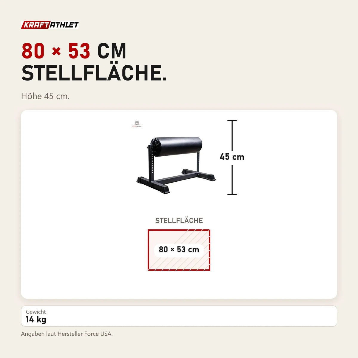 Maßbild Force USA Bulgarische Kniebeugenstütze: Stellfläche 80 × 53 cm, Höhe 45 cm