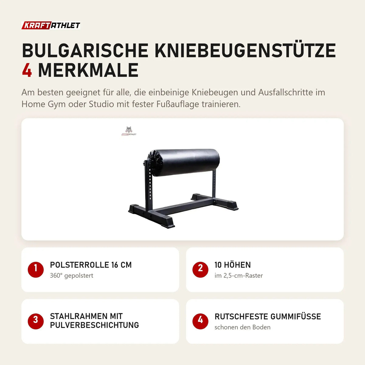 Force USA Bulgarische Kniebeugenstütze mit 4 Merkmalen: Polsterrolle 16 cm, 10 Höhen, Stahlrahmen mit Pulverbeschichtung, Rutschfeste Gummifüße