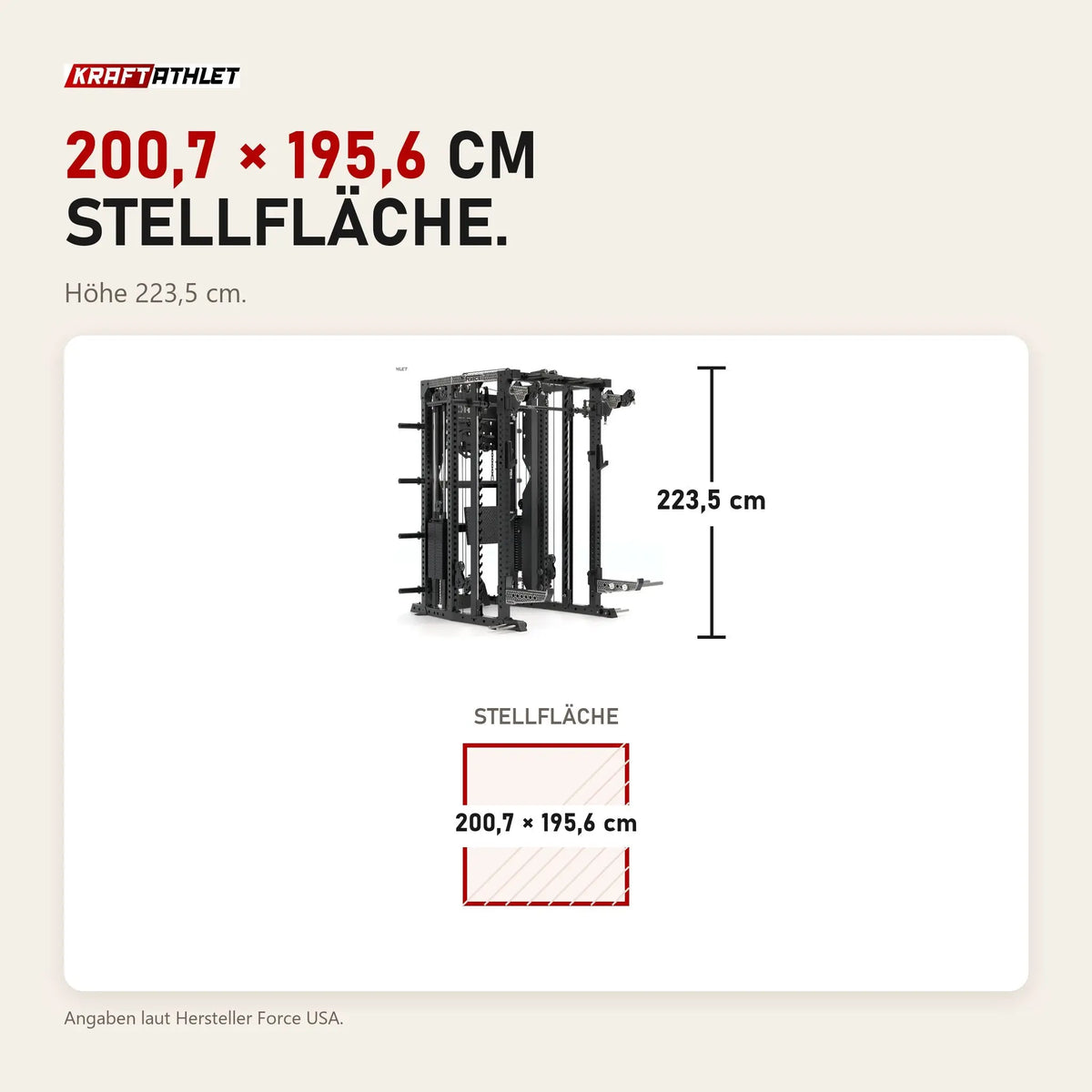 Maßbild Force USA C20 All-In-One Trainer: Stellfläche 200,7 × 195,6 cm, Höhe 223,5 cm