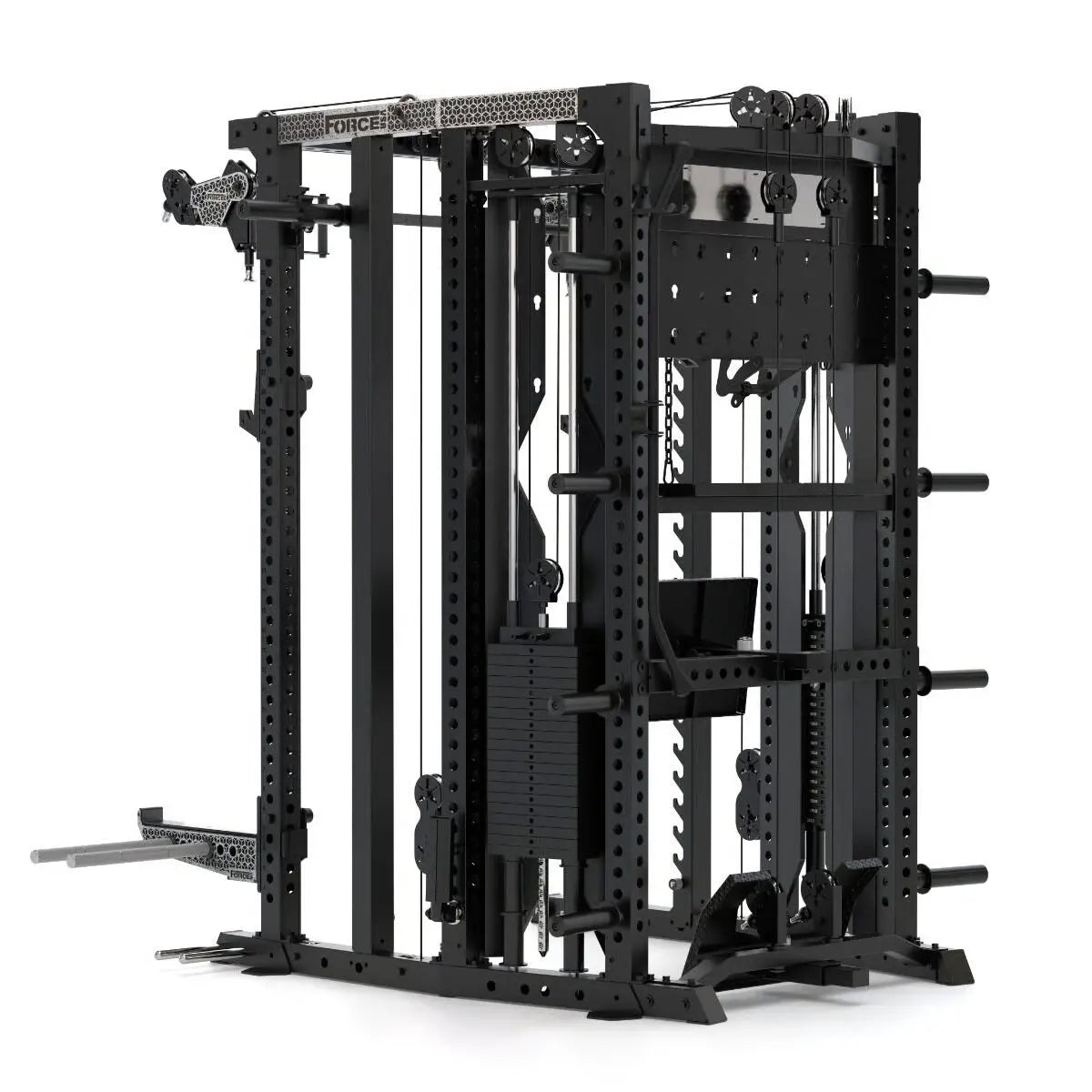 Force USA C20 All-In-One Trainer – Schrägansicht von links mit Gewichtsstapel