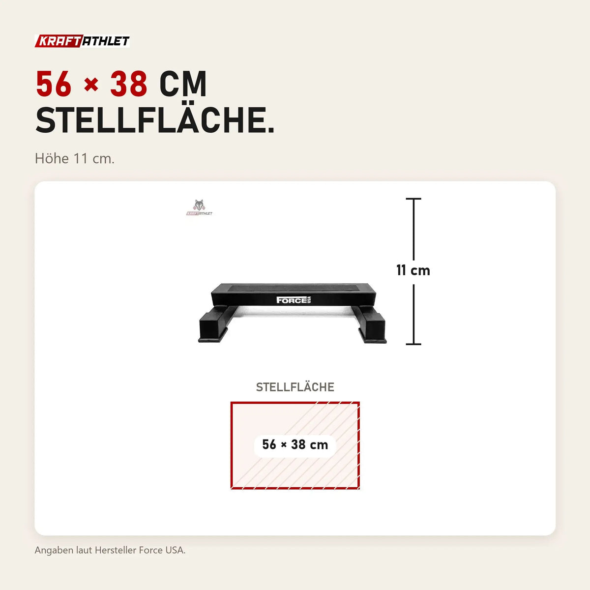 Maßbild Force USA Calf Block: Stellfläche 56 × 38 cm, Höhe 11 cm