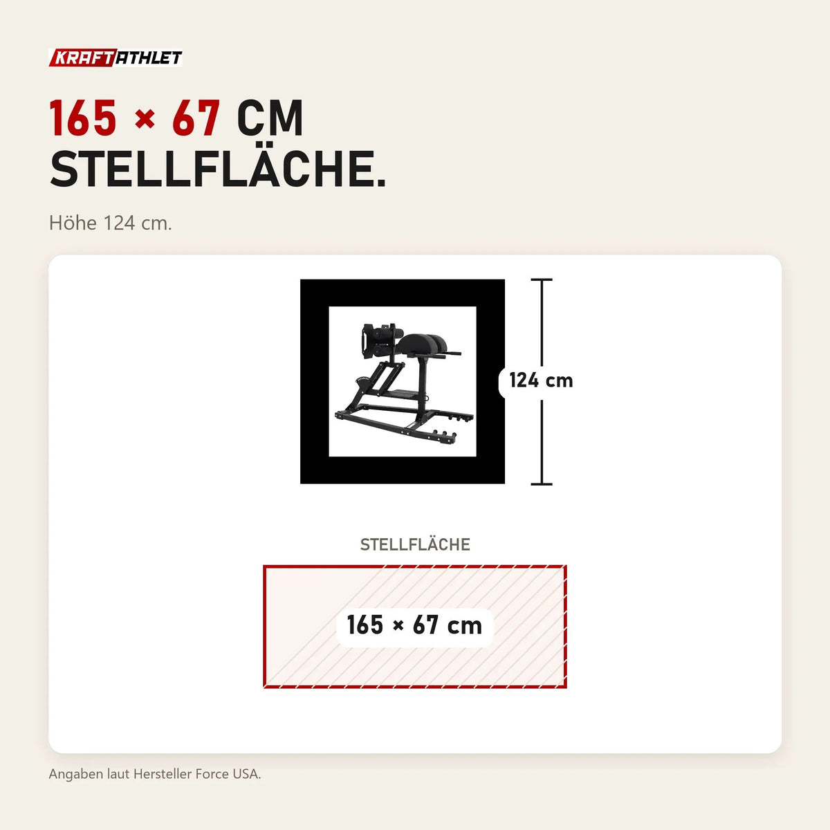 Maßbild Force USA Commercial GHR/GHD V2: Stellfläche 165 × 67 cm, Höhe 124 cm