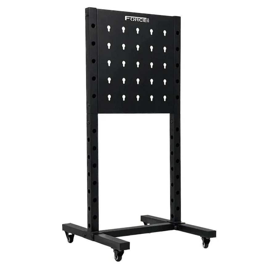 Force USA Base Storage Rack – versatile storage rack with pegboard design and transport wheels.