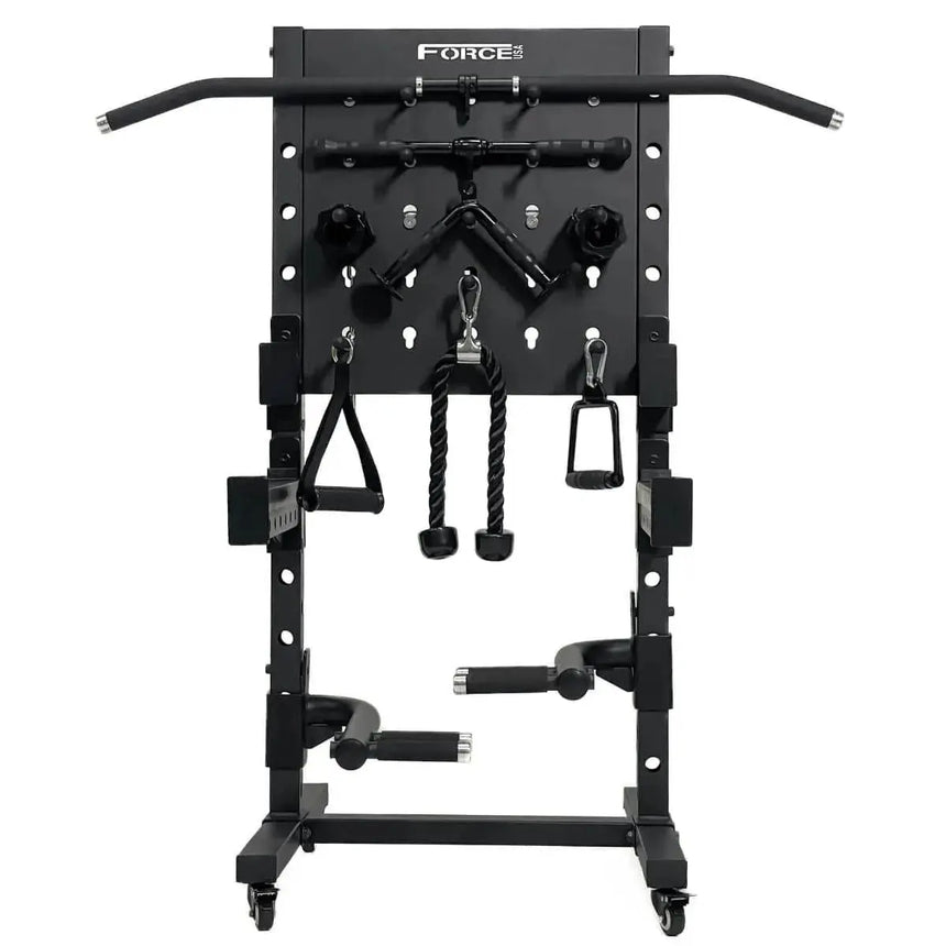 Force USA Base Storage Rack – versatile storage rack with pegboard design and transport wheels.