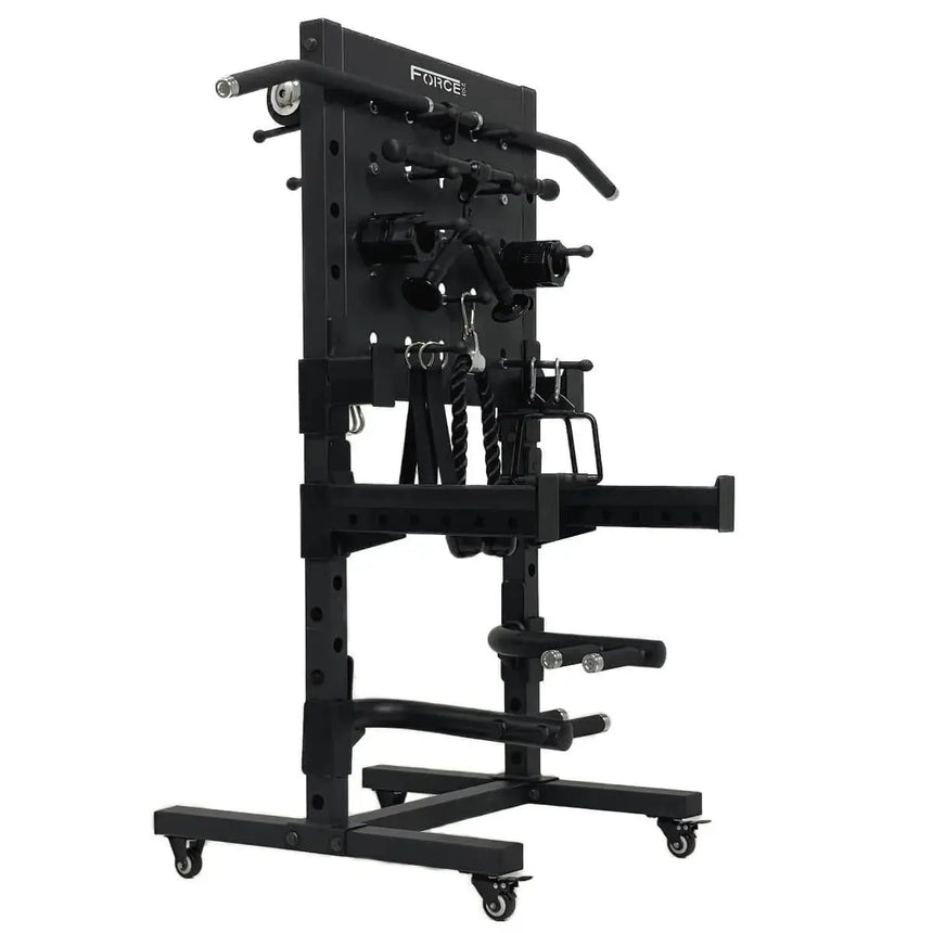 Force USA Base Storage Rack – versatile storage rack with pegboard design and transport wheels.