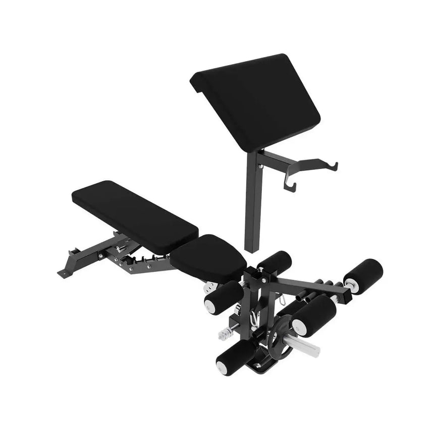 Force USA C10 Base Bench with leg curl, leg extension, and preacher curl attachments.