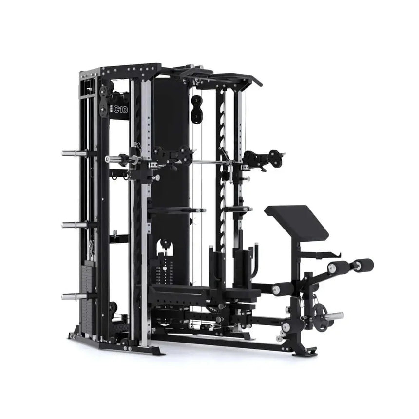 Force USA C10 Base Bench with leg curl, leg extension, and preacher curl attachments.