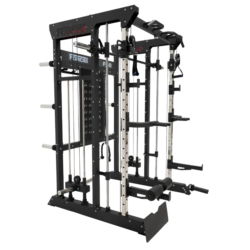 Force USA F50 V2 All-In-One Functional Trainer with multi-grip pull-up bar and integrated storage.