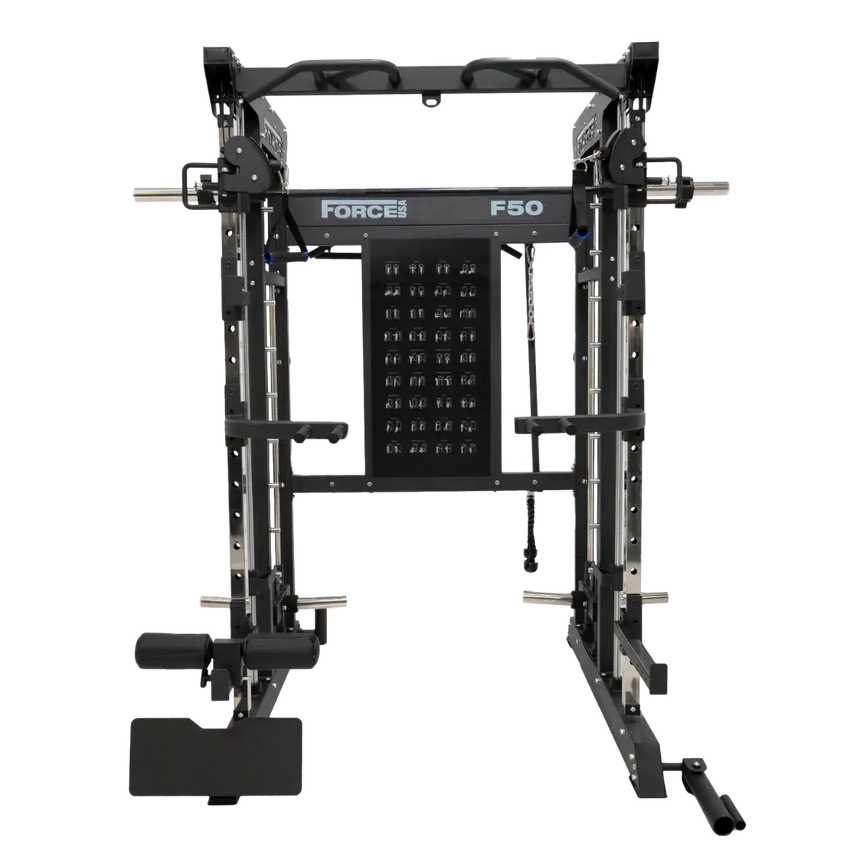 Force USA F50 V2 All-In-One Functional Trainer with multi-grip pull-up bar and integrated storage.