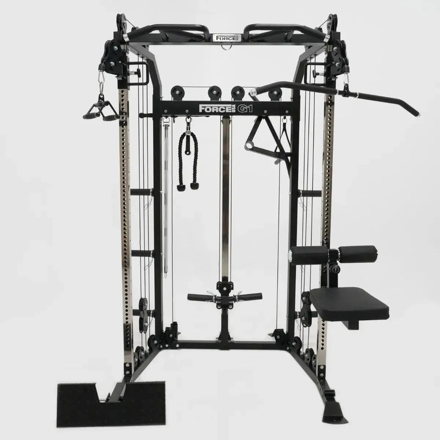 Force USA G1 All-In-One Trainer V2 Upgrade Kit components including lat pulldown seat and low row foot plate.