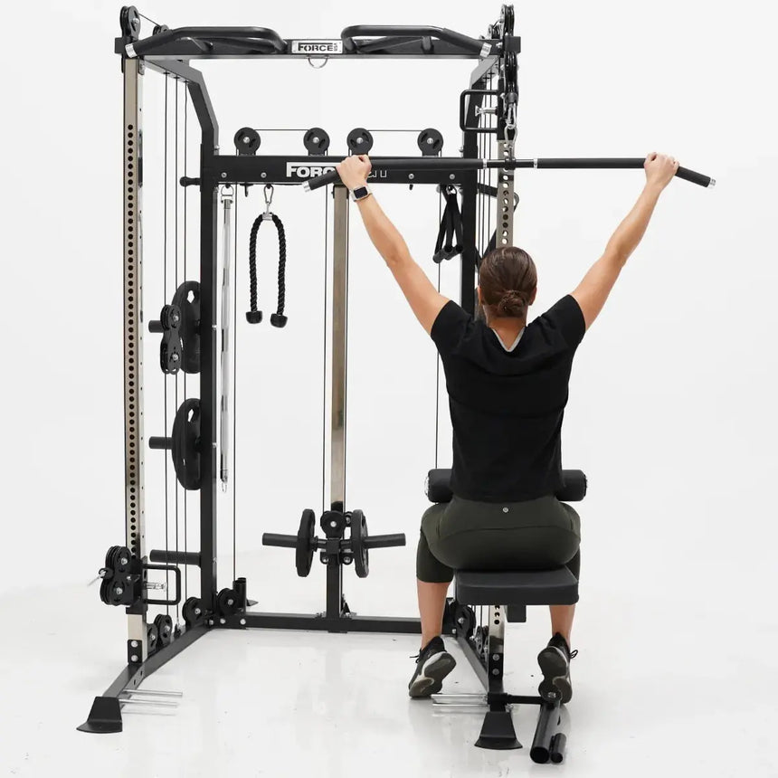 Force USA G1 All-In-One Trainer V2 Upgrade Kit components including lat pulldown seat and low row foot plate.