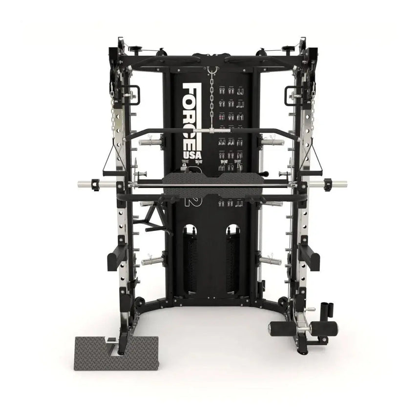Force USA G12™ All-In-One Trainer showcasing power rack, Smith machine, and dual weight stacks.