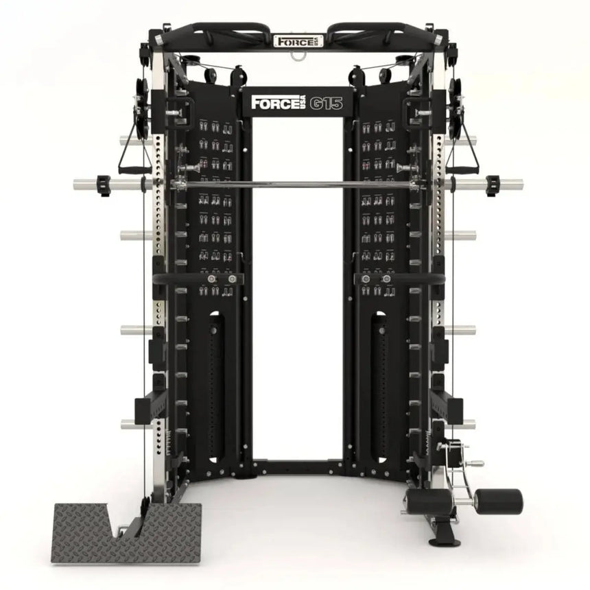 Force USA G15® All-In-One Trainer featuring Smith Machine, power rack, and dual adjustable pulleys.