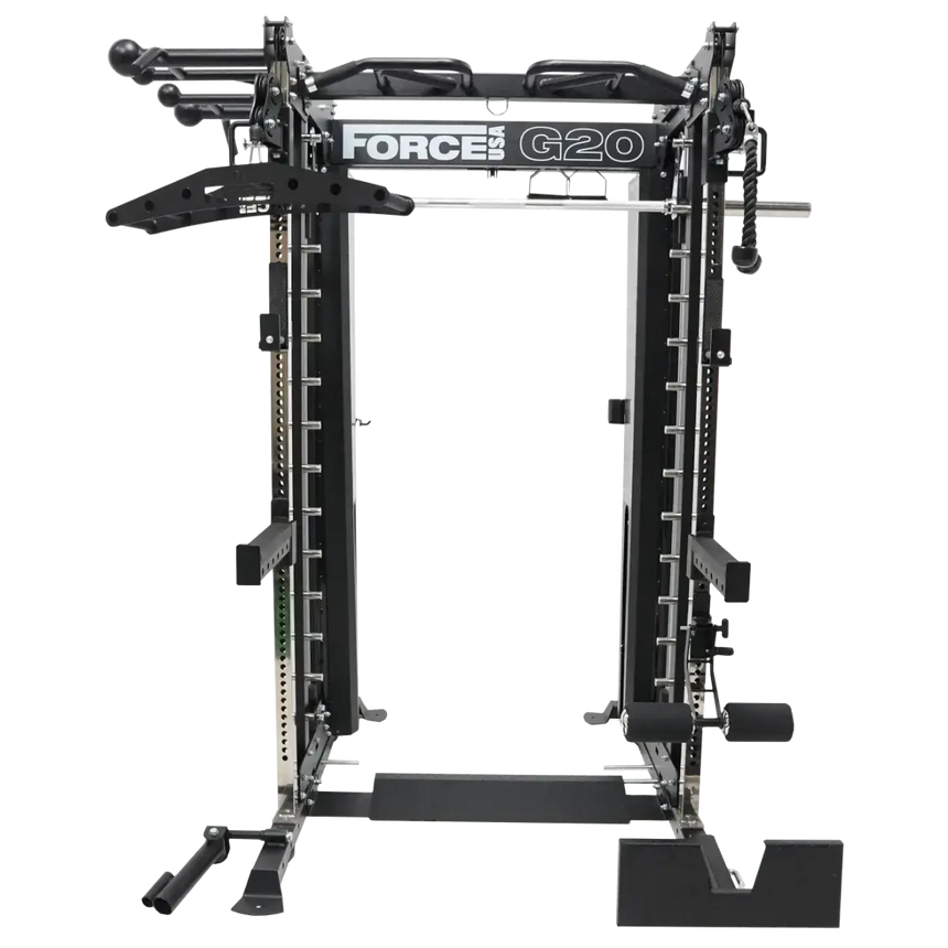 Force USA G20 V2 Pro All-In-One Trainer showcasing Functional Trainer, Smith Machine, Power Rack, and vertical leg press.