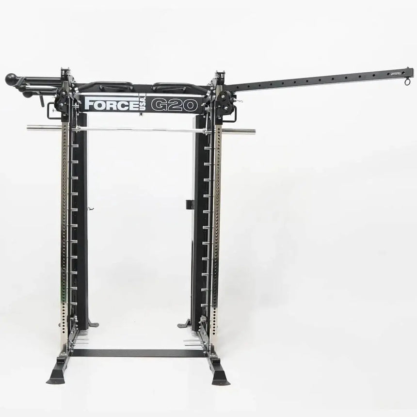 Force USA G20 V2 Pro All-In-One Trainer showcasing Functional Trainer, Smith Machine, Power Rack, and vertical leg press.