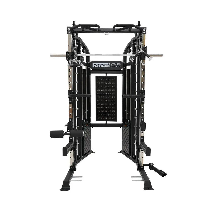 Force USA G6 All-In-One Trainer featuring power rack, Smith machine, and dual weight stacks.
