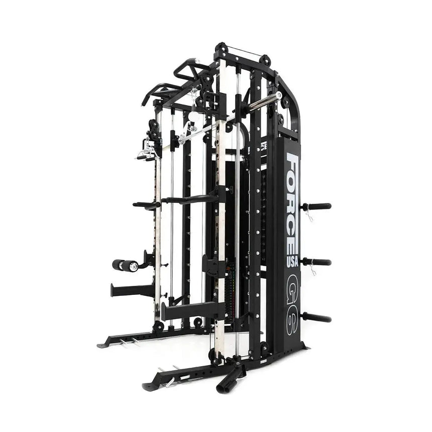 Force USA G6 All-In-One Trainer featuring power rack, Smith machine, and dual weight stacks.